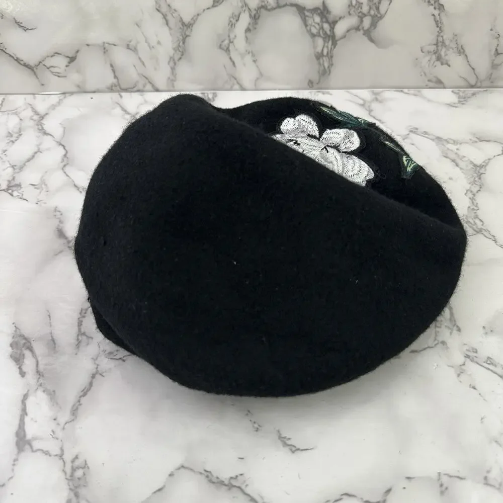 Nine West Womens Vintage Y2k Newsboy Hat Black White Flower Wool Blend